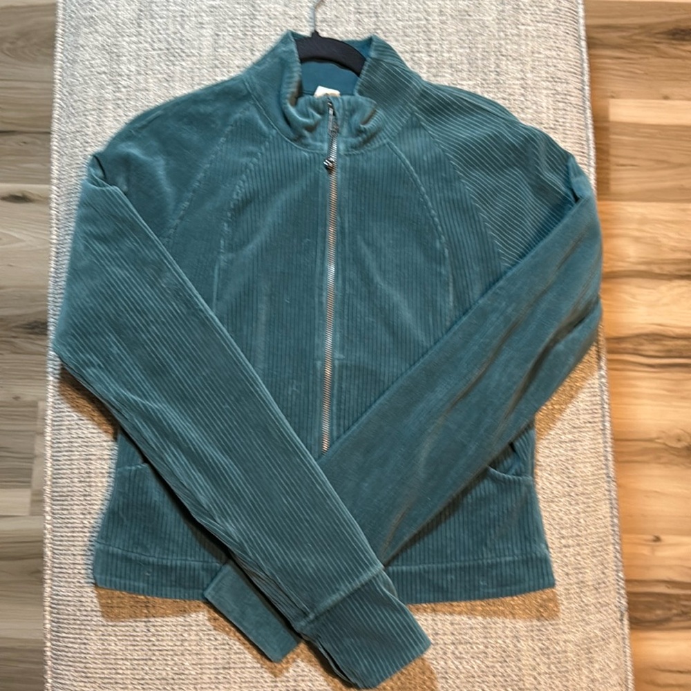 Lululemon Scuba Track Jacket Velvet Velour Cord Storm Teal Cotton Jersey‎ sz10 - Picture 3 of 8